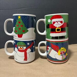 Vintage Grant Howard 1983 Christmas Holiday 4‎ Mug Set Santa Snowman Angel Tree